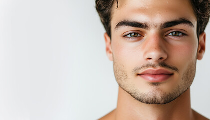 Fototapeta premium Closeup photoshoot of handsome man with beard and clear fresh skin. Advertising concept of healthy lifestyle, self-care, dermatology and skincare for men