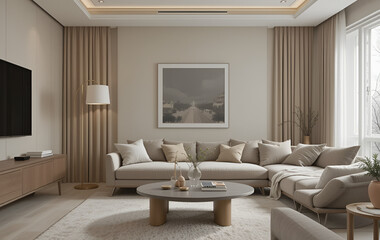 Cozy modern living room with a corner sofa neutral decor and sunlight pouring through large windows.