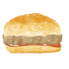 Watercolor Burger with Sesame Bun, Patty and Strawberry Jam, Hand Drawn Color Illustration for Print, Web and Textile
