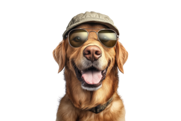 Labrador retriever dog wearing cap and glasses isolated on white or transparent PNG