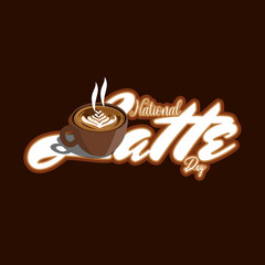 National Latte Day to celebrated on February 11th. Cup of hot latte coffee on dark brown background. Drinks event banner.