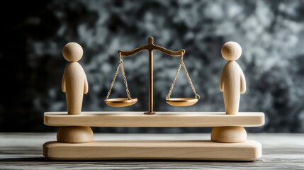 Wooden figures of people on scales and a mediator / arbitrator. Conflict of interest. Resolving conflict situations. Conclusions of the peaceful resolution of disputes. Business opponents
