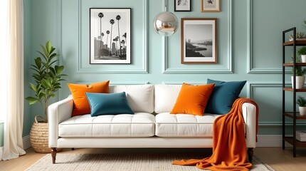 Contemporary Living Room with Elevated Sofa and Elegant Decor, Stylish Photo Frames Against a Full Wall Background