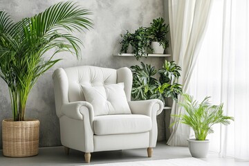 Cozy and Elegant Living Room with White Armchair Surrounded by Indoor Plants