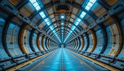 Empty High-Tech Tunnel Dark Room Corridor with 3D Designs and Futuristic Aesthetics, Ideal for Virtual Backgrounds