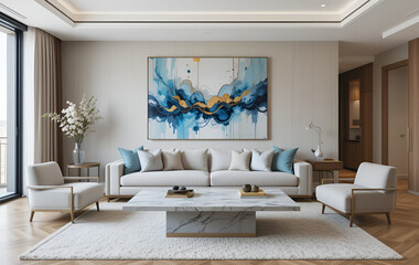 Luxury living room with teal accents modern furniture and a bold wall art centerpiece.