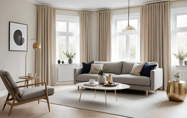 Spacious living room with soft beige tones modern decor and a welcoming seating arrangement.