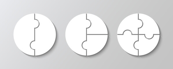 Scheme for thinking game. Puzzle details with 2,3 and 4 pieces. Set of circle jigsaw grids. Cutting templates collection with details. Simple mosaic background. Frame tiles. Vector illustration