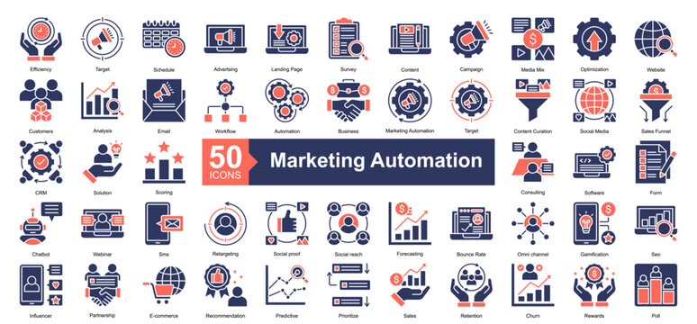 Marketing Automation Icon Collection Set.Containing Efficiency, Target, Schedule, Advertising, Landing Page, Survey, Content, Campaign icon. Simple dual tone style Vector Illustration.	