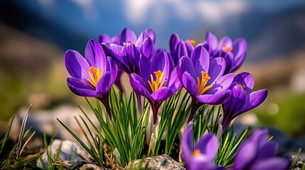Vibrant Purple Crocuses Blooming in the Mountains with Soft Blurred Background