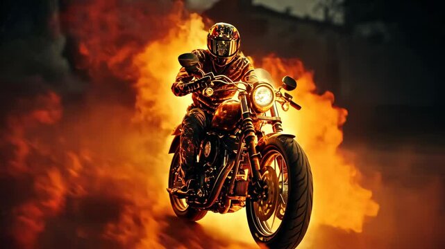 Action shot with man riding away from explosion on bike. Dynamic scene with fire in action movie blockbuster style