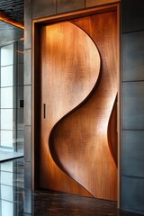 Modern interior wood door with a unique curved design.