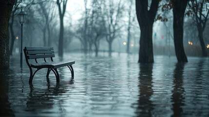Fototapeta premium Submerged Solitude: A park bench sits alone in floodwaters, reflecting a melancholic scene of nature's power.
