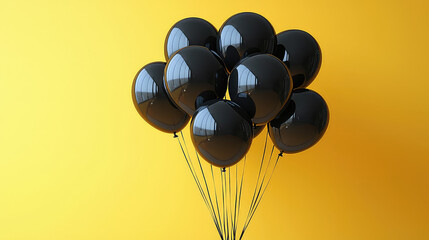 A bunch of shiny black balloons against a yellow background.