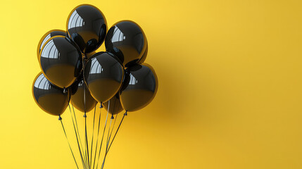 A bunch of glossy black balloons against a yellow background.