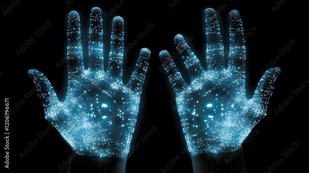 Poster illuminated hands connected by digital network lines