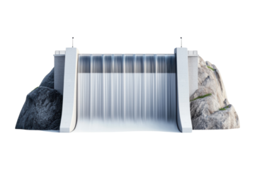 Modern dam with cascading water over rocky terrain