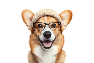 Corgi wearing knitted hat and glasses isolated on white or transparent PNG
