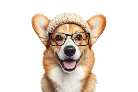 Corgi wearing knitted hat and glasses isolated on white or transparent PNG
