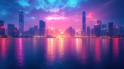 Fototapeta premium Vibrant Cityscape at Dusk: A Stunning Reflection of Urban Lights