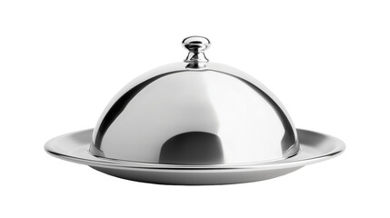 Stainless steel cloche raised over an empty plate, isolated on transparent background 