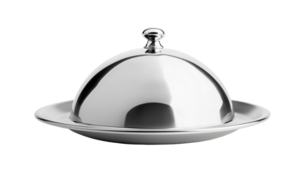 Stainless steel cloche raised over an empty plate, isolated on transparent background 