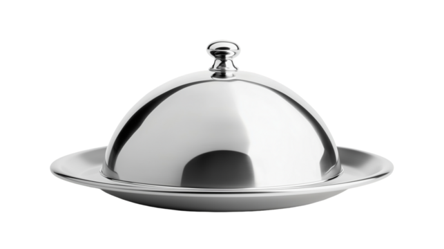 Stainless steel cloche raised over an empty plate, isolated on transparent background 