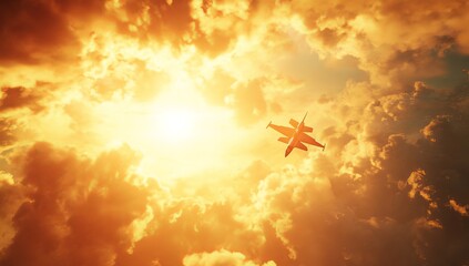 Naklejka premium Jet fighter flying through fiery sunset clouds.