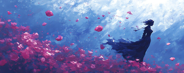 A mystical scene of a silhouette standing among vibrant flowers under a dreamy blue atmosphere.