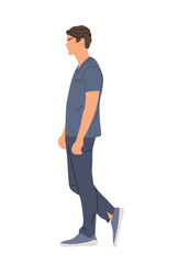Medical worker, doctor, surgeon, cardiologist, paramedic walking, standing side view. Handsome man wearing uniform scrub. Vector realistic illustration isolated 