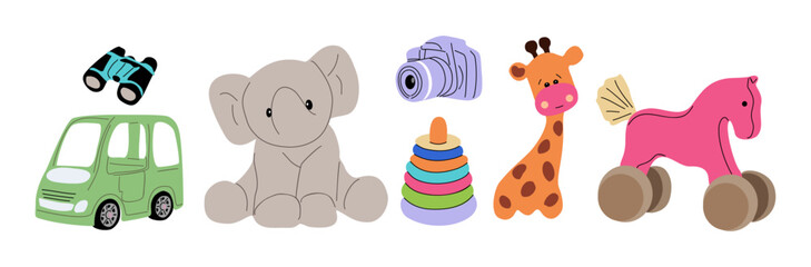 Fototapeta premium Cute toys set. Preschool kids stacking games, plush elephant, giraffe for children playing and education. Childish car, camera, nursery horse. Flat vector illustrations isolated