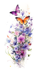 Digital vintage watercolor butterflies and flowers abstract graphic poster background