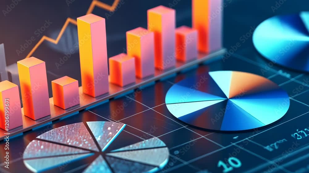 Poster 3d infographic with shiny neon graphs, bars and pie charts. abstract business concept
