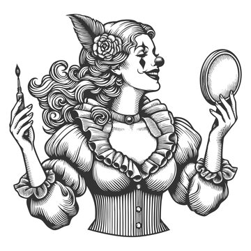 recommend clip art: female clown holding a mirror and a paintbrush, with ruffled attire sketch engraving generative ai fictional character vector illustration. Scratch board imitation. Black and white image.