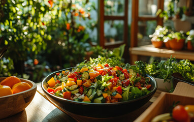 Fresh vegetable salad preparation in a vibrant greenhouse at sunset with colorful produce