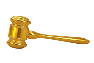 Golden judge's gavel isolated on a transparent background