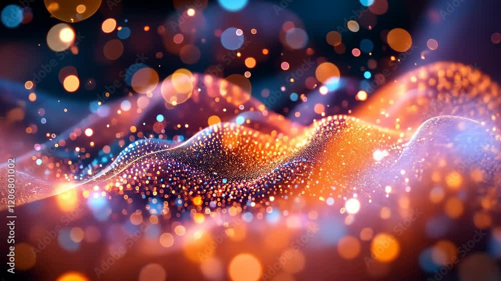 Poster dynamic glowing particle waves in motion with vibrant bokeh effects