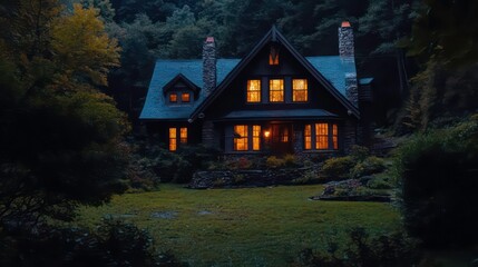 A dark, eerie house in the woods under a full moon, with glowing windows illuminating the spooky and mysterious surroundings