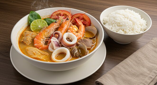 A bowl of tomyam soup with meat, squid, prawn, shells, seafood, cabbage, tomato, bowl of steam rice