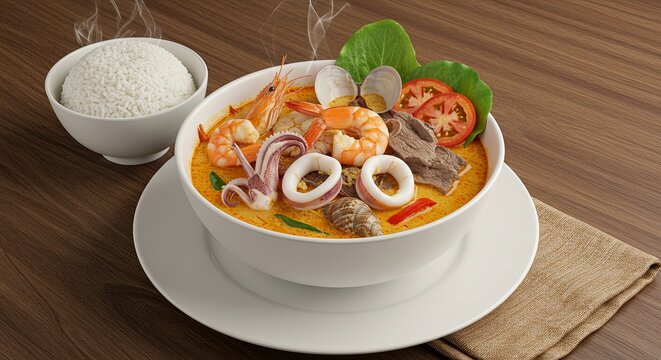 A bowl of tomyam soup with meat, squid, prawn, shells, seafood, cabbage, tomato, bowl of steam rice