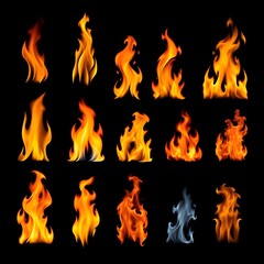 Fire flames collection isolated on black background, movement of fire flames, dark,flaming,abstract