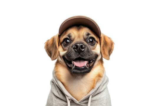 Pug wearing hoodie and cap isolated on white or transparent PNG