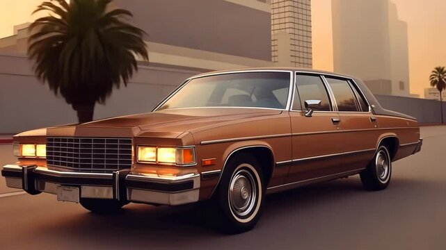 Expesive retro car in 70s style on the urban street with orange sky