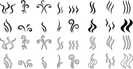 Symbol of aromas vector icon set, Smell aroma sign. Hot vapor Doodle Wavy Smoke lines symbol sketch style hand drawn isolated on transparent background used for hot tea, coffee, mobile apps, ui design
