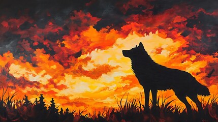 Majestic wolf silhouette standing against a vibrant sunset sky