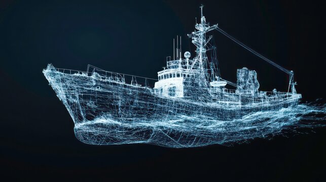 A digital wireframe representation of a ship on water, showcasing technology and design.