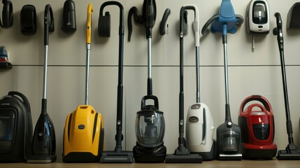 A display of various vacuum cleaners lined up against a wall, showcasing different designs and functionalities for effective cleaning solutions.