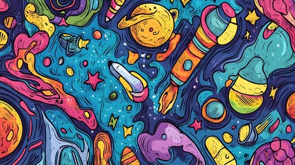 Naklejka premium Psychedelic Space Scene Colorful Rockets and Stars