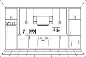 Vector line art kitchen drawing	
