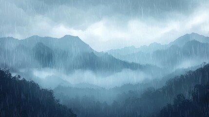 Fototapeta premium Rainy Mountain Landscape: A Serene View of Misty Peaks